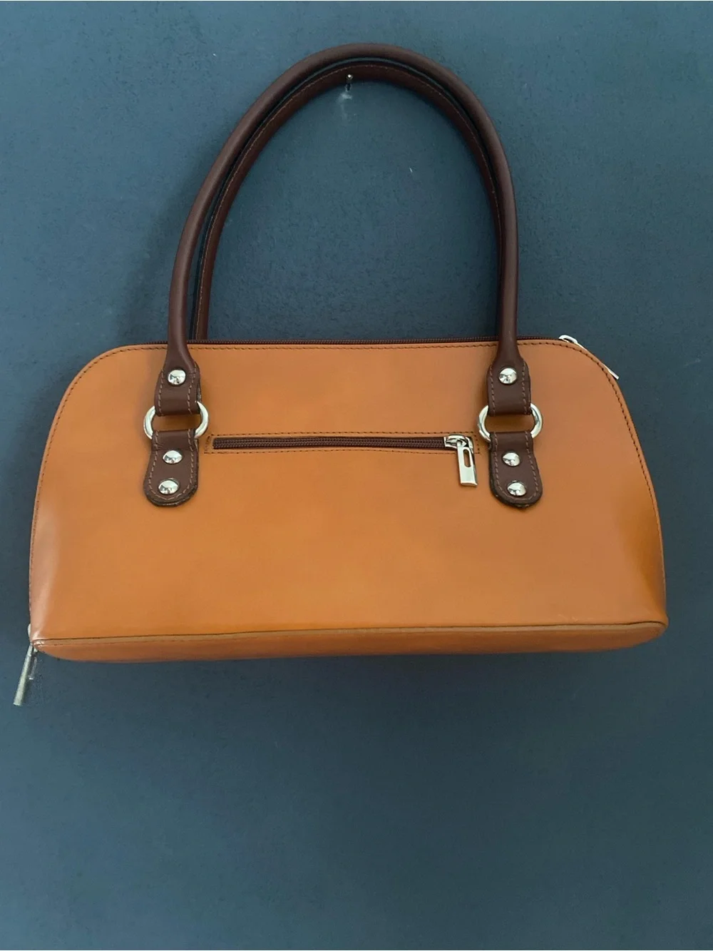 VTG Italian Cognac Leather Structured Satchel Handbag Fleur De Lis Made In Italy